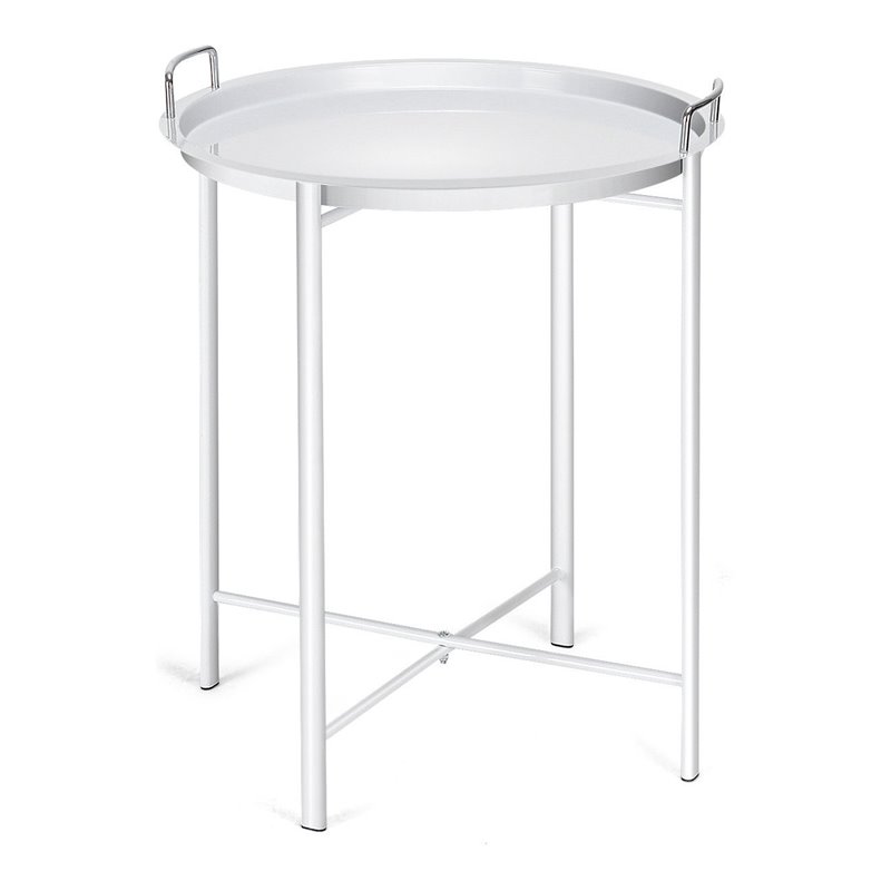 Costway Contemporary Metal End Table with Round Tray in White