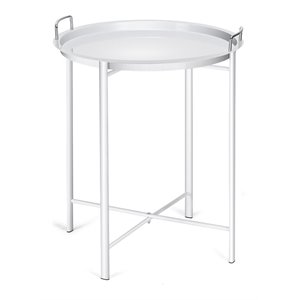 Costway Contemporary Metal End Table with Round Tray in White