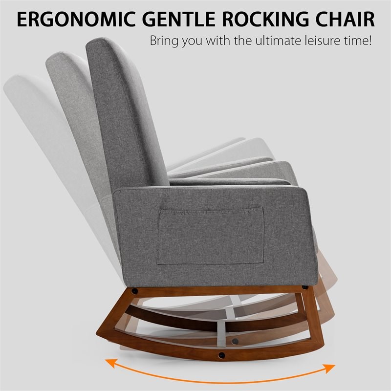 Costway Contemporary Wood and Fabric Upholstered Rocking Chair in Gray