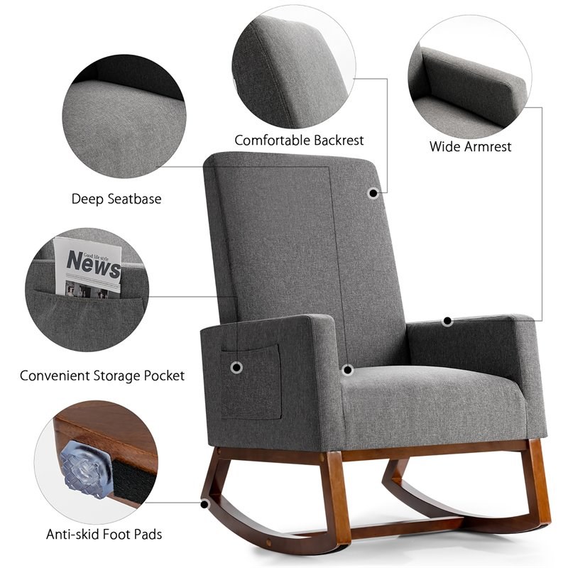 Costway Contemporary Wood and Fabric Upholstered Rocking Chair in Gray