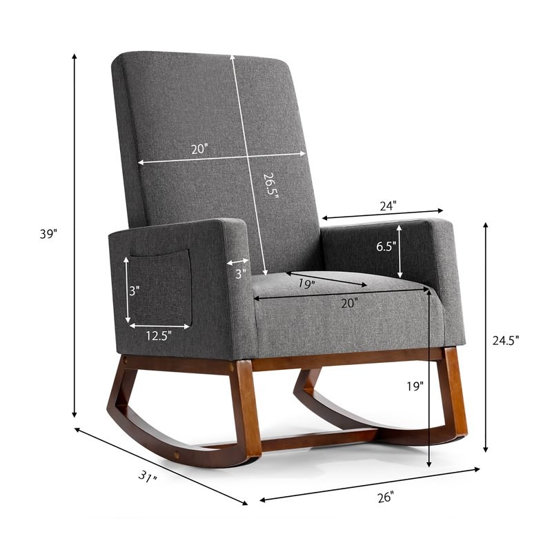 Costway Contemporary Wood and Fabric Upholstered Rocking Chair in Gray