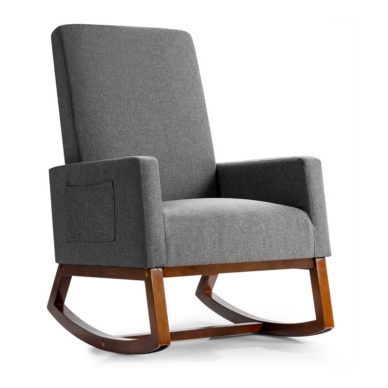 Costway Contemporary Wood and Fabric Upholstered Rocking Chair in Gray