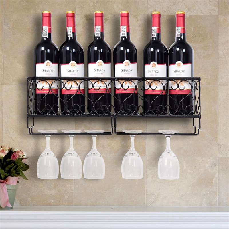 Costway Contemporary Iron Wall Mounted Wine Rack with Glass Holder in Black
