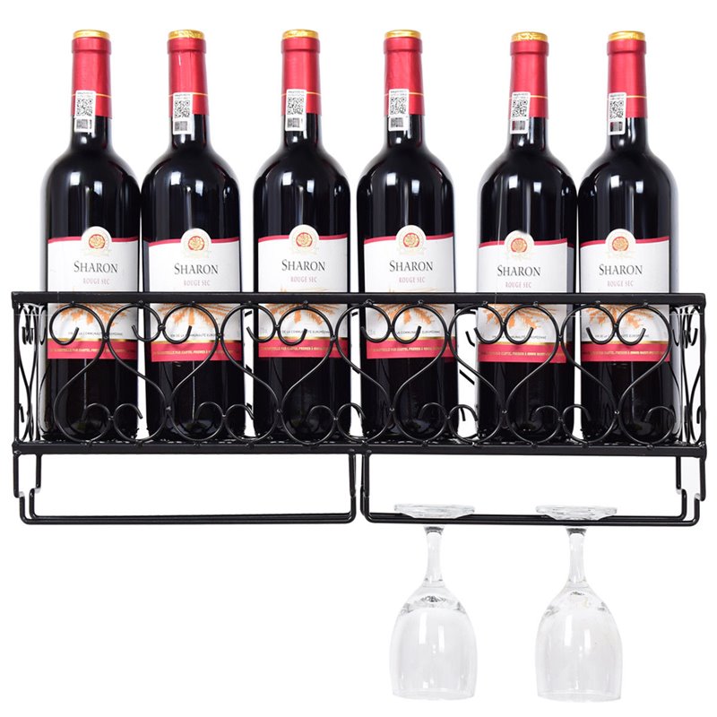 Costway Contemporary Iron Wall Mounted Wine Rack with Glass Holder in Black