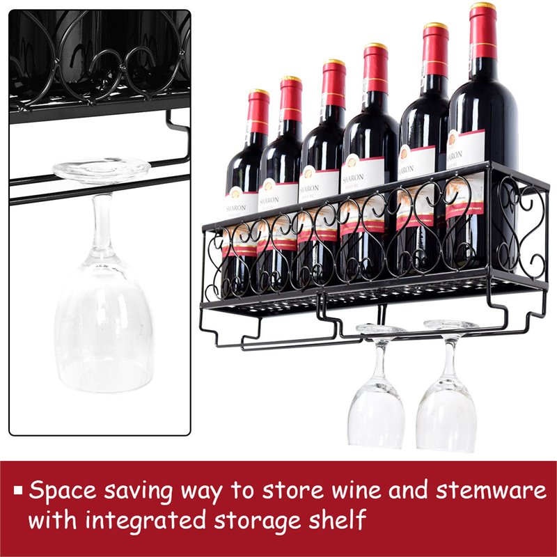 Costway Contemporary Iron Wall Mounted Wine Rack with Glass Holder in Black