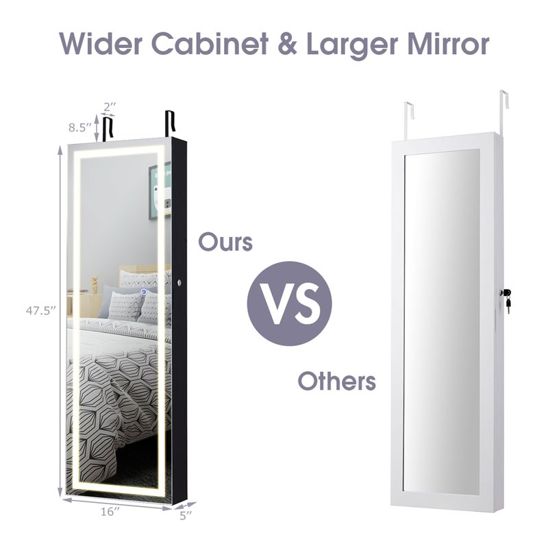 Costway Density Board & Glass Wall/Door Mount LED Light Jewelry Cabinet in Black