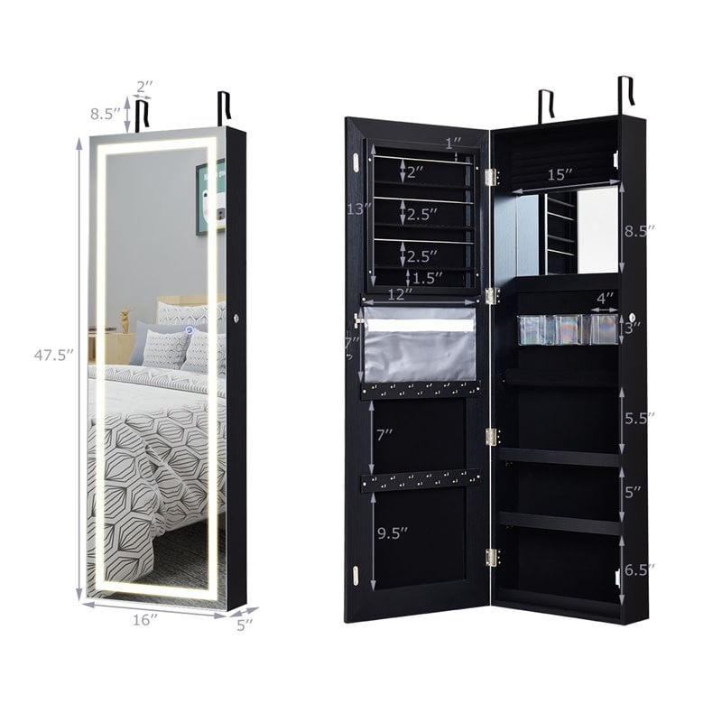 Costway Density Board & Glass Wall/Door Mount LED Light Jewelry Cabinet in Black