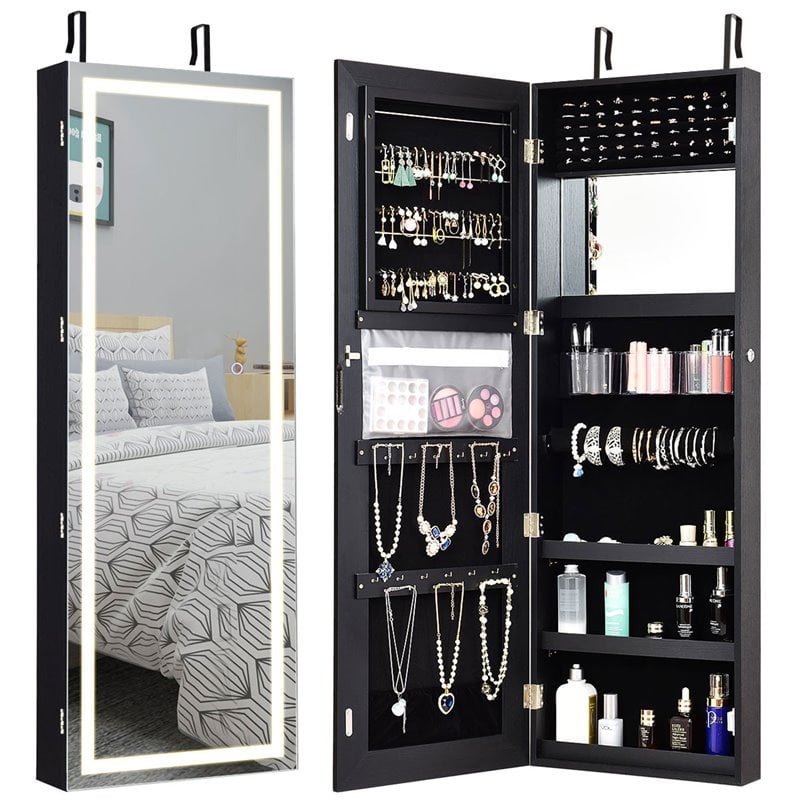 Costway Density Board & Glass Wall/Door Mount LED Light Jewelry Cabinet in Black