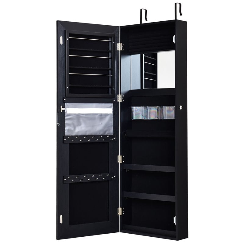 Costway Density Board & Glass Wall/Door Mount LED Light Jewelry Cabinet in Black