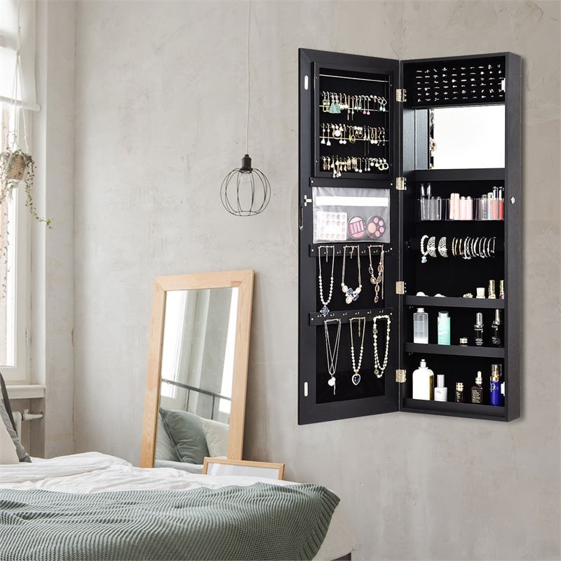 Costway Density Board & Glass Wall/Door Mount LED Light Jewelry Cabinet in Black