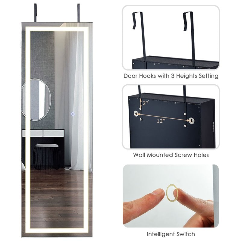 Costway Density Board & Glass Wall/Door Mount LED Light Jewelry Cabinet in Black