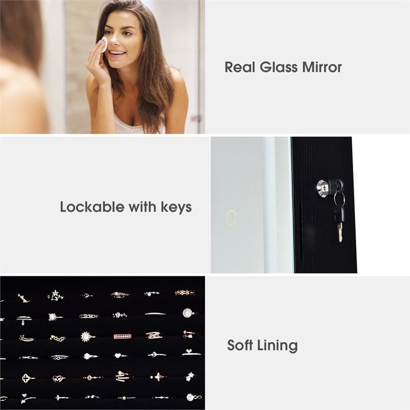 Costway Density Board & Glass Wall/Door Mount LED Light Jewelry Cabinet in Black