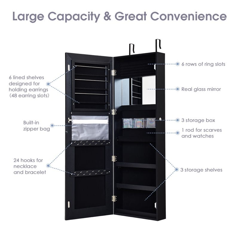 Costway Density Board & Glass Wall/Door Mount LED Light Jewelry Cabinet in Black