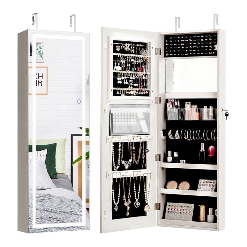 Costway Density Board & Glass Wall/Door Mount LED Light Jewelry Cabinet in White