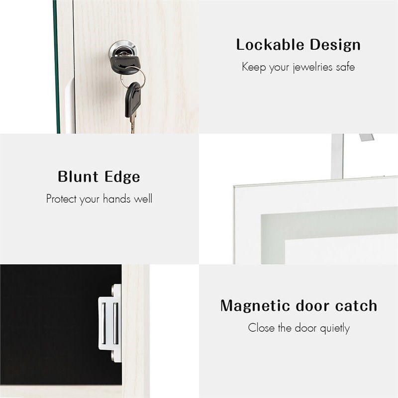 Costway Density Board & Glass Wall/Door Mount LED Light Jewelry Cabinet in White