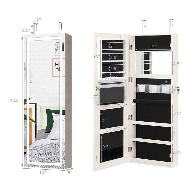 Costway Density Board & Glass Wall/Door Mount LED Light Jewelry Cabinet in White