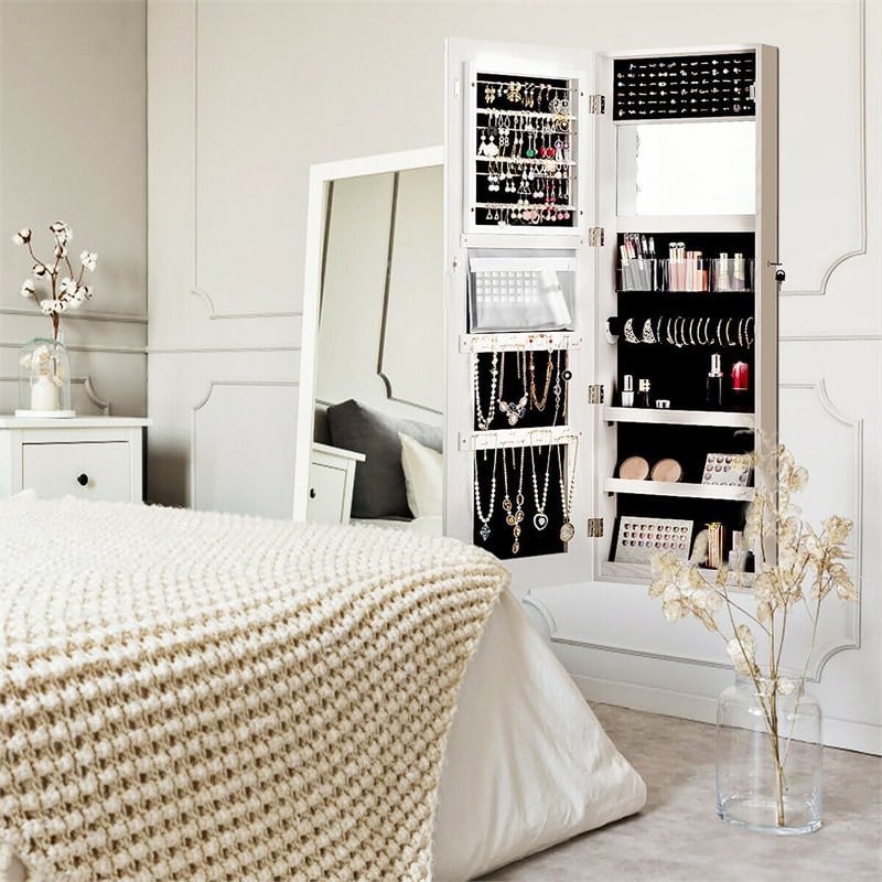 Costway Density Board & Glass Wall/Door Mount LED Light Jewelry Cabinet in White