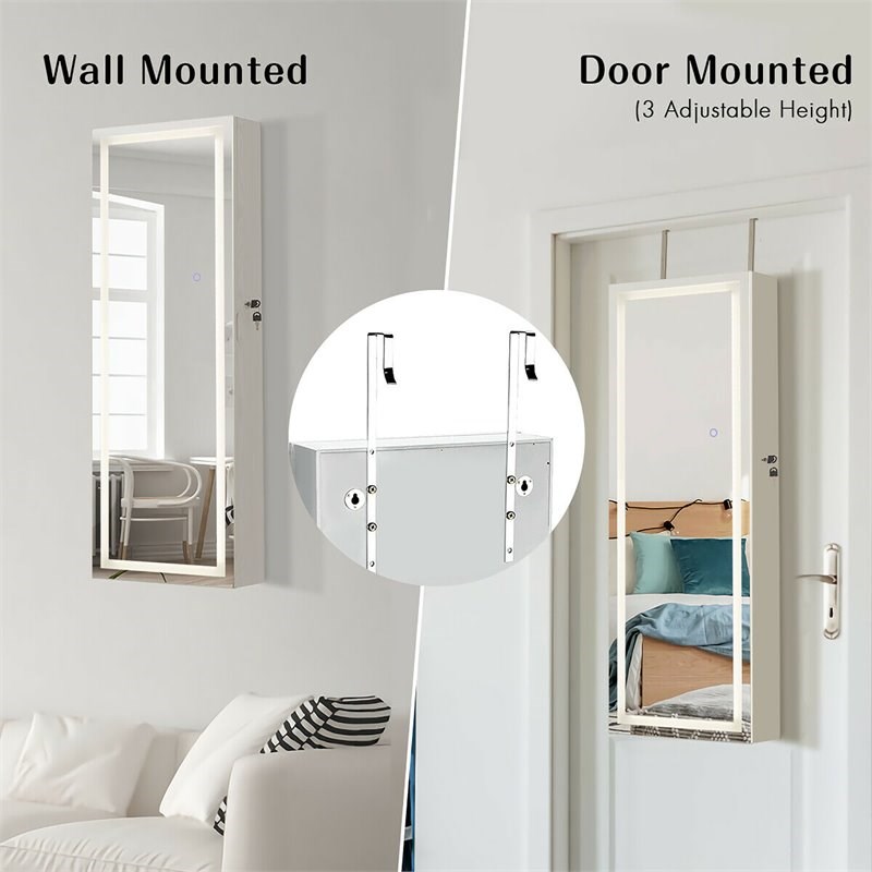 Costway Density Board & Glass Wall/Door Mount LED Light Jewelry Cabinet in White