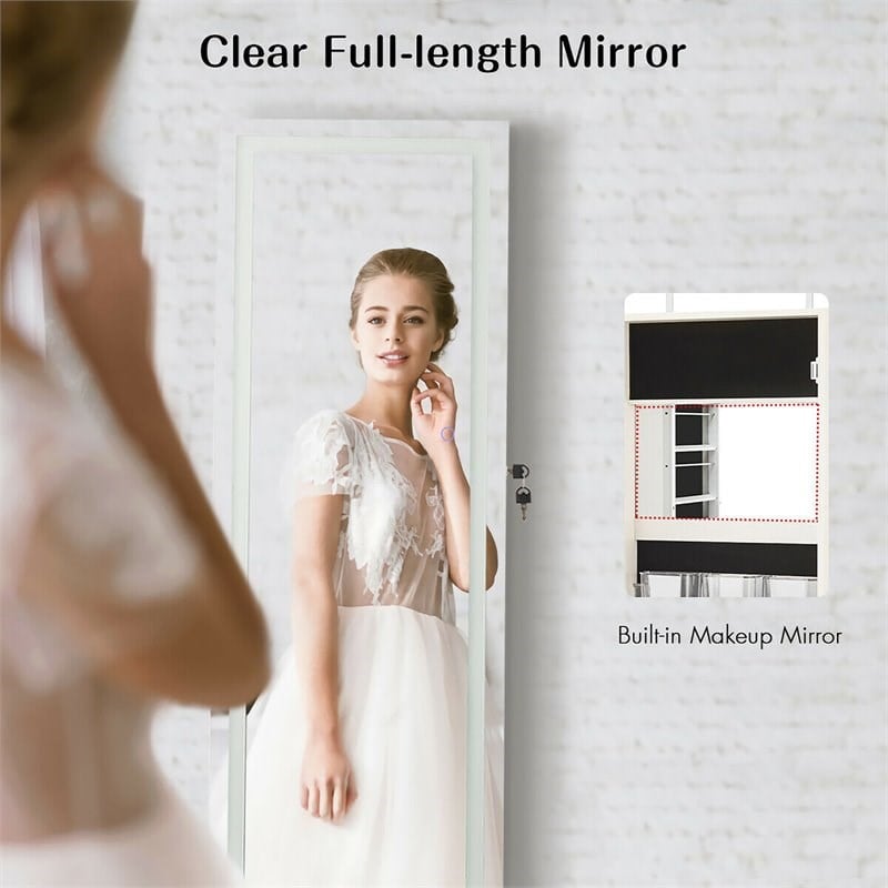 Costway Density Board & Glass Wall/Door Mount LED Light Jewelry Cabinet in White