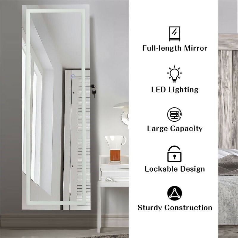 Costway Density Board & Glass Wall/Door Mount LED Light Jewelry Cabinet in White