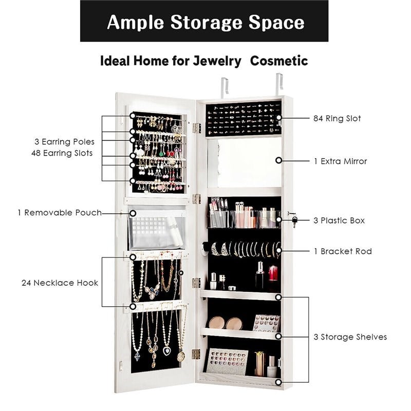 Costway Density Board & Glass Wall/Door Mount LED Light Jewelry Cabinet in White