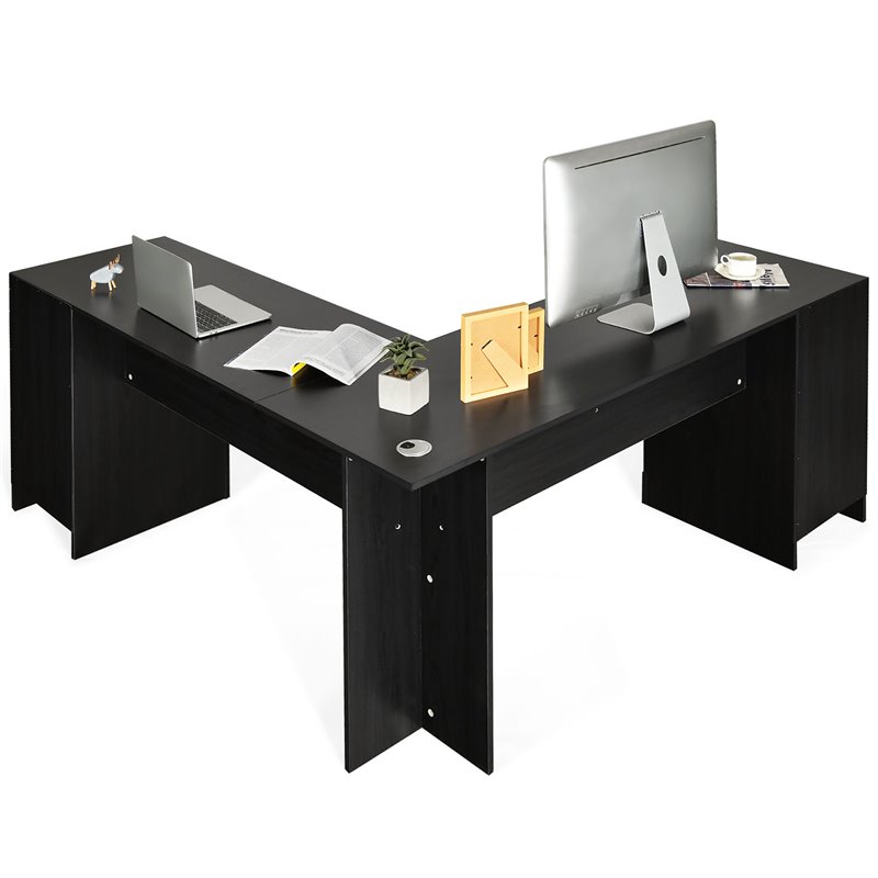 Costway L-Shaped MDF Corner Computer Desk with Drawers in Black
