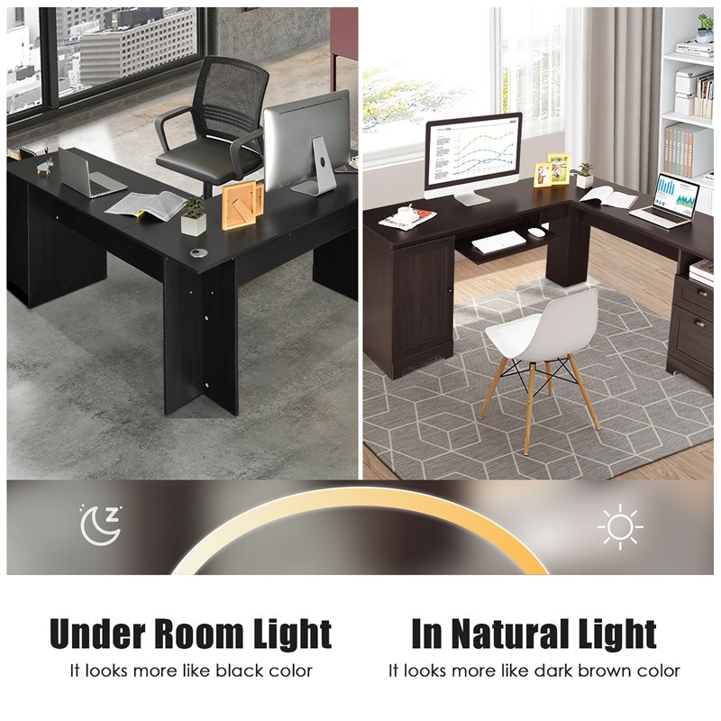 Costway L-Shaped MDF Corner Computer Desk with Drawers in Black