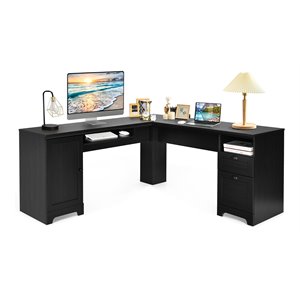 Costway L-Shaped MDF Corner Computer Desk with Drawers in Black