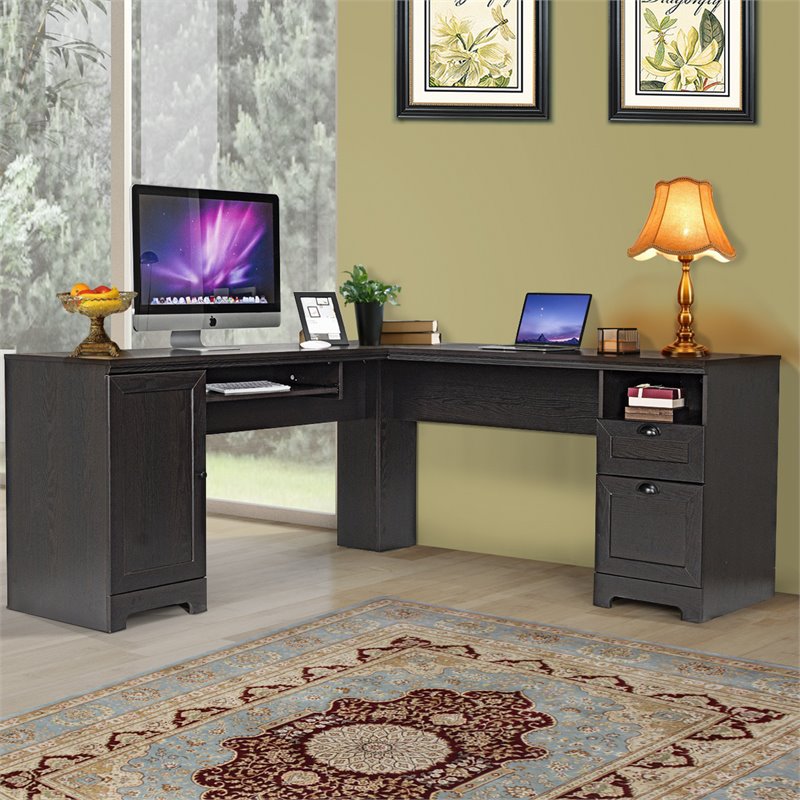 Costway L-Shaped MDF Corner Computer Desk with Drawers in Dark Coffee
