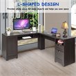 Costway L-Shaped MDF Corner Computer Desk with Drawers in Dark Coffee