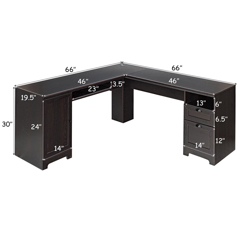 Costway L-Shaped MDF Corner Computer Desk with Drawers in Dark Coffee