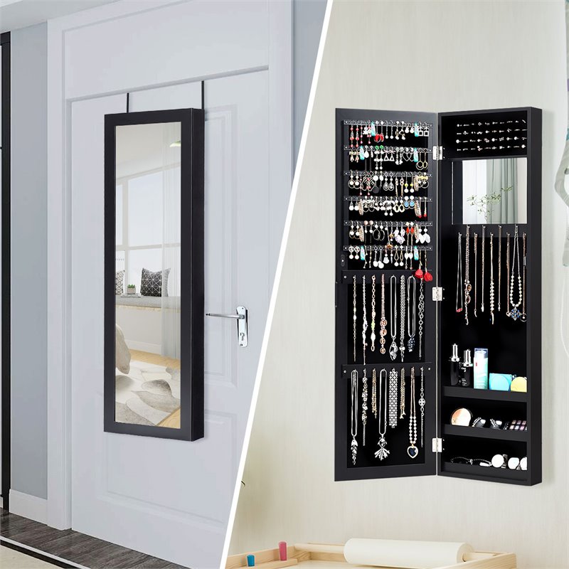 Costway MDF Board Wall/Door Mounted Mirrored Jewelry Cabinet in Black