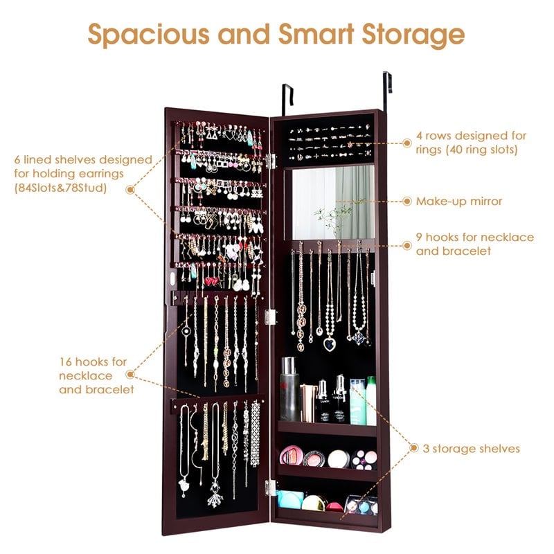 Costway MDF Board Wall/Door Mounted Mirrored Jewelry Cabinet in Brown