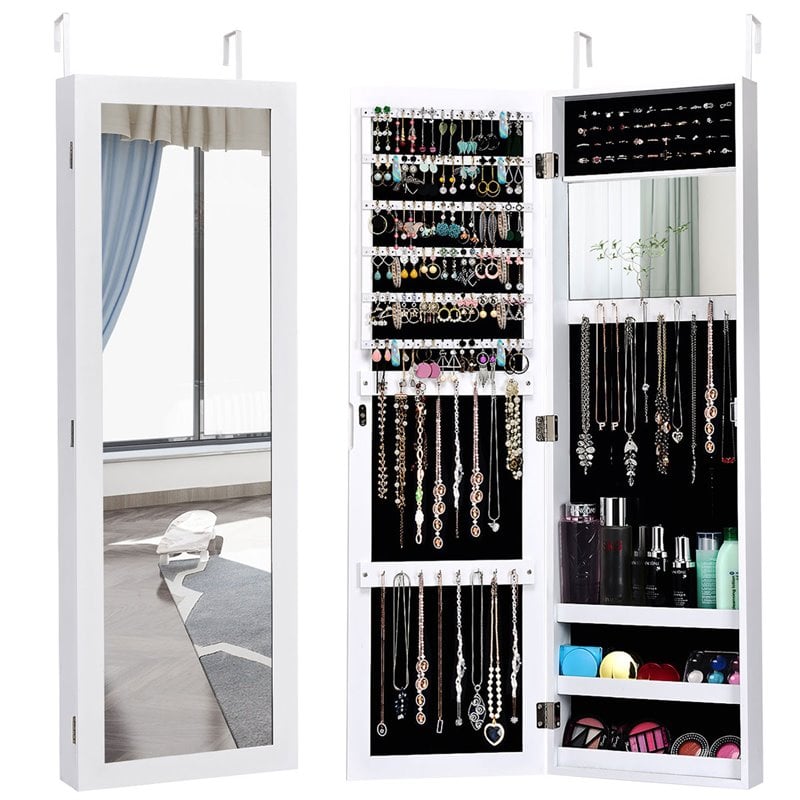 Costway MDF Board Wall/Door Mounted Mirrored Jewelry Cabinet in White