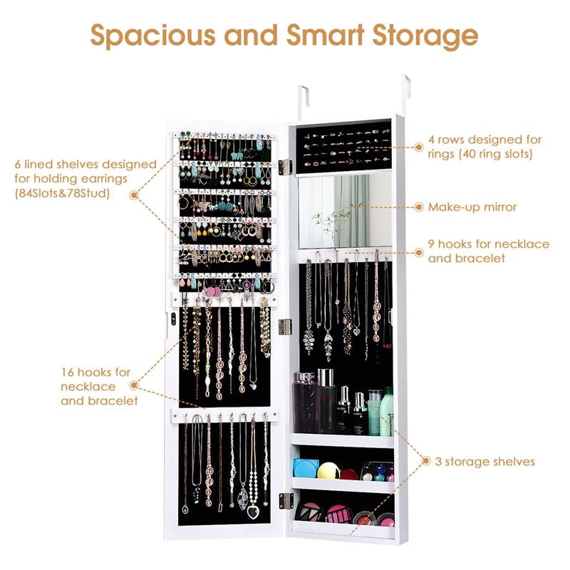 Costway MDF Board Wall/Door Mounted Mirrored Jewelry Cabinet in White