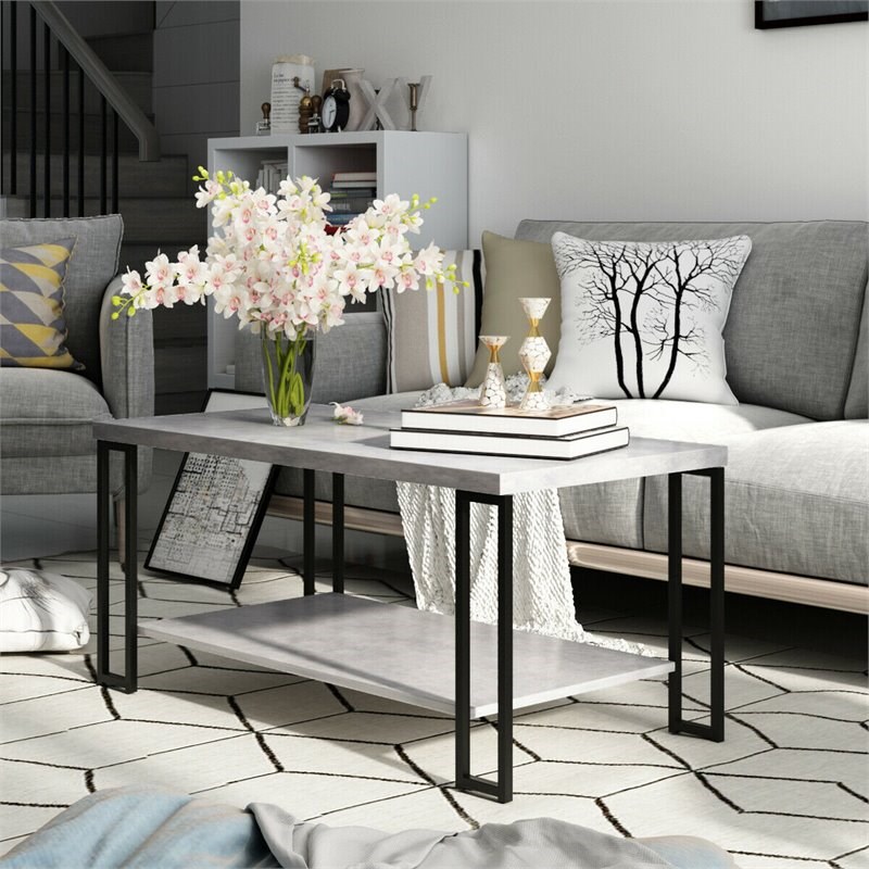 Costway Contemporary Metal Coffee Table with Lower Shelf in Gray