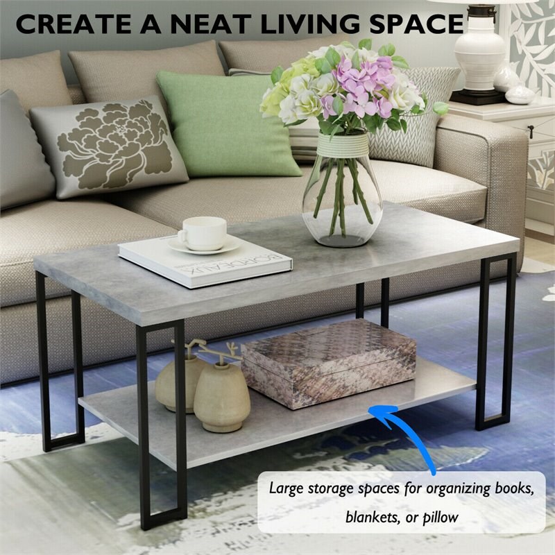 Costway Contemporary Metal Coffee Table with Lower Shelf in Gray