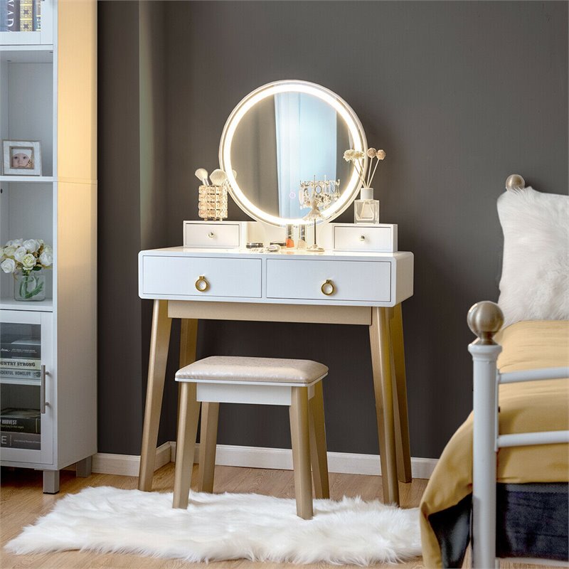 Costway Contemporary MDF and Beech Makeup Table with Circular Mirror in White