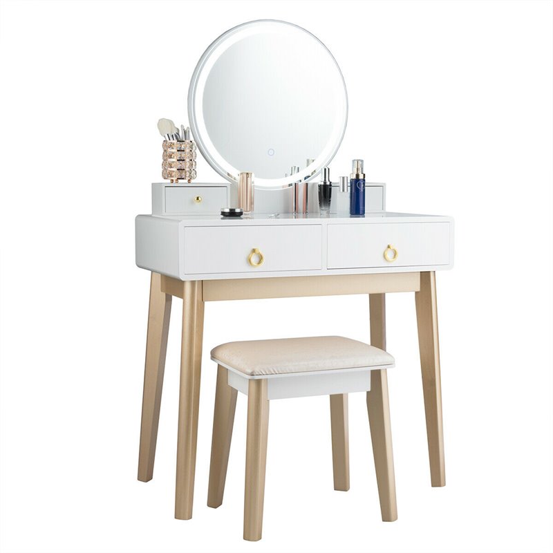 Costway Contemporary MDF and Beech Makeup Table with Circular Mirror in White