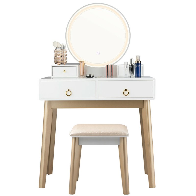 Costway Contemporary MDF and Beech Makeup Table with Circular Mirror in White