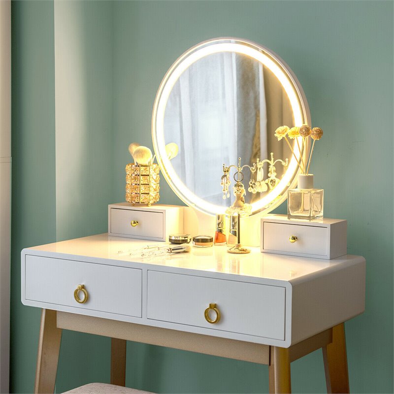 Costway Contemporary MDF and Beech Makeup Table with Circular Mirror in White