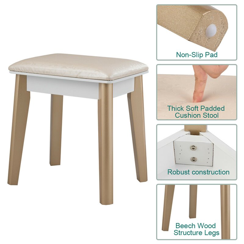 Costway Contemporary MDF and Beech Makeup Table with Circular Mirror in White