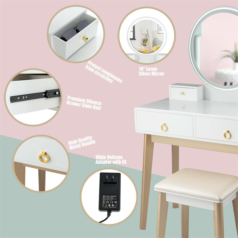 Costway Contemporary MDF and Beech Makeup Table with Circular Mirror in White