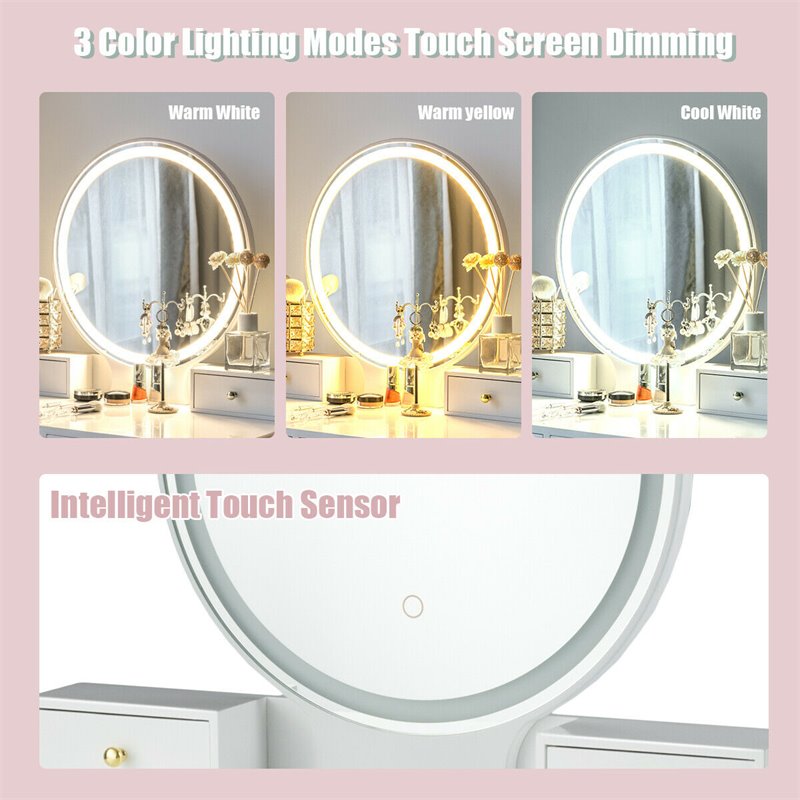 Costway Contemporary MDF and Beech Makeup Table with Circular Mirror in White