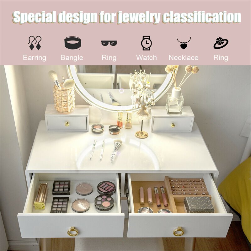 Costway Contemporary MDF and Beech Makeup Table with Circular Mirror in White