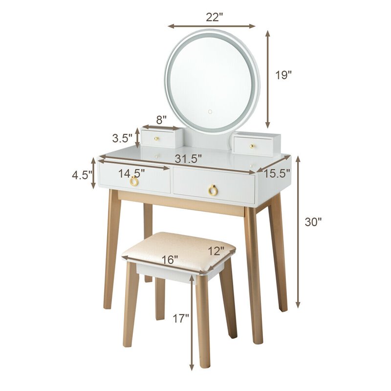 Costway Contemporary MDF and Beech Makeup Table with Circular Mirror in White
