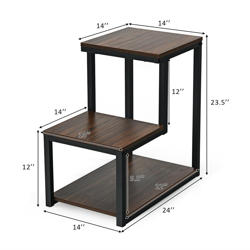 Costway 3-Tier Contemporary Steel End Table with Storage Shelf in Brown