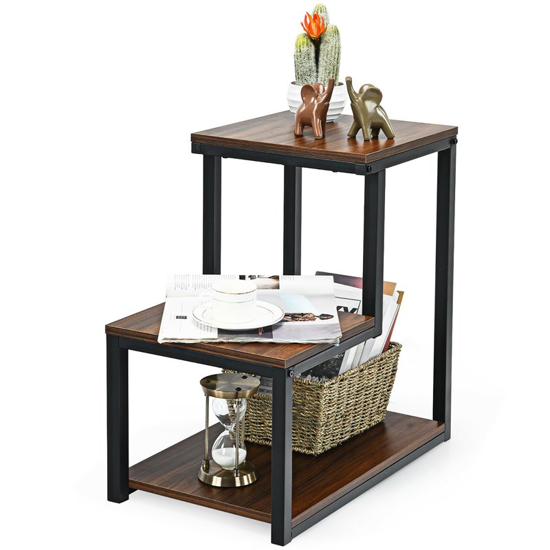 Costway 3-Tier Contemporary Steel End Table with Storage Shelf in Brown