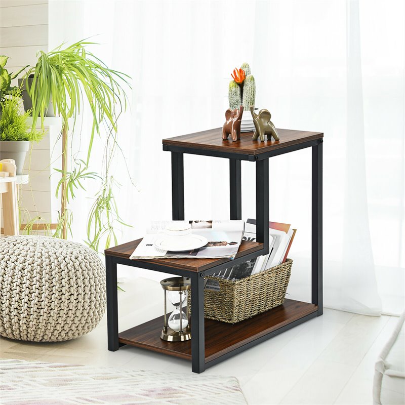 Costway 3-Tier Contemporary Steel End Table with Storage Shelf in Brown