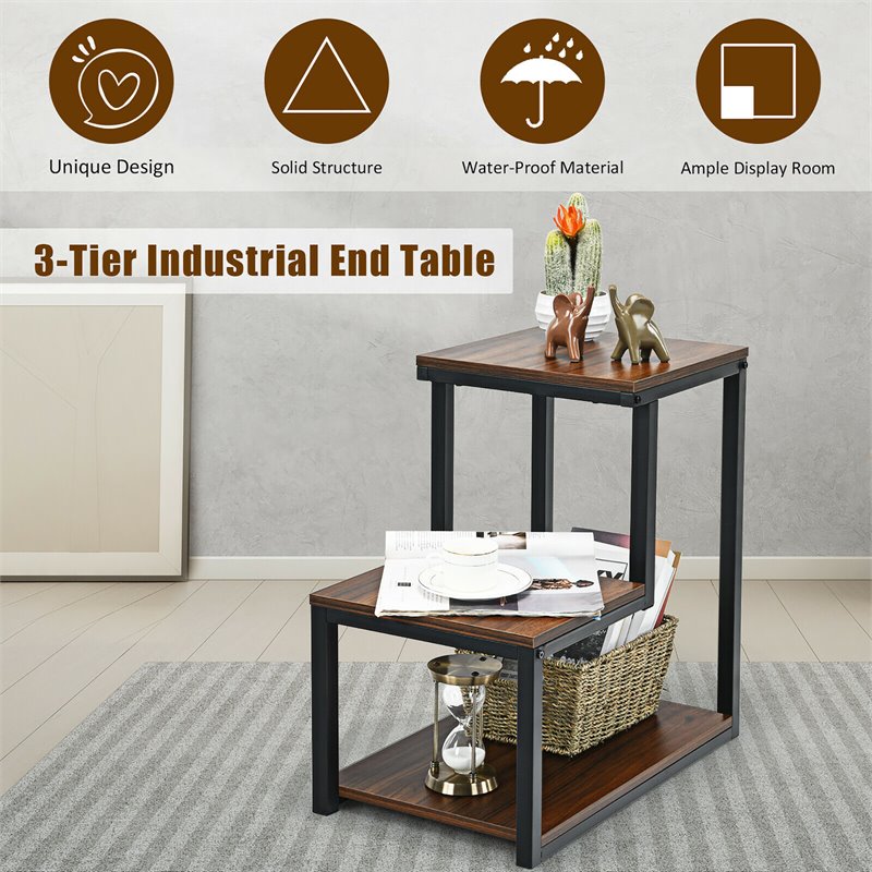 Costway 3-Tier Contemporary Steel End Table with Storage Shelf in Brown
